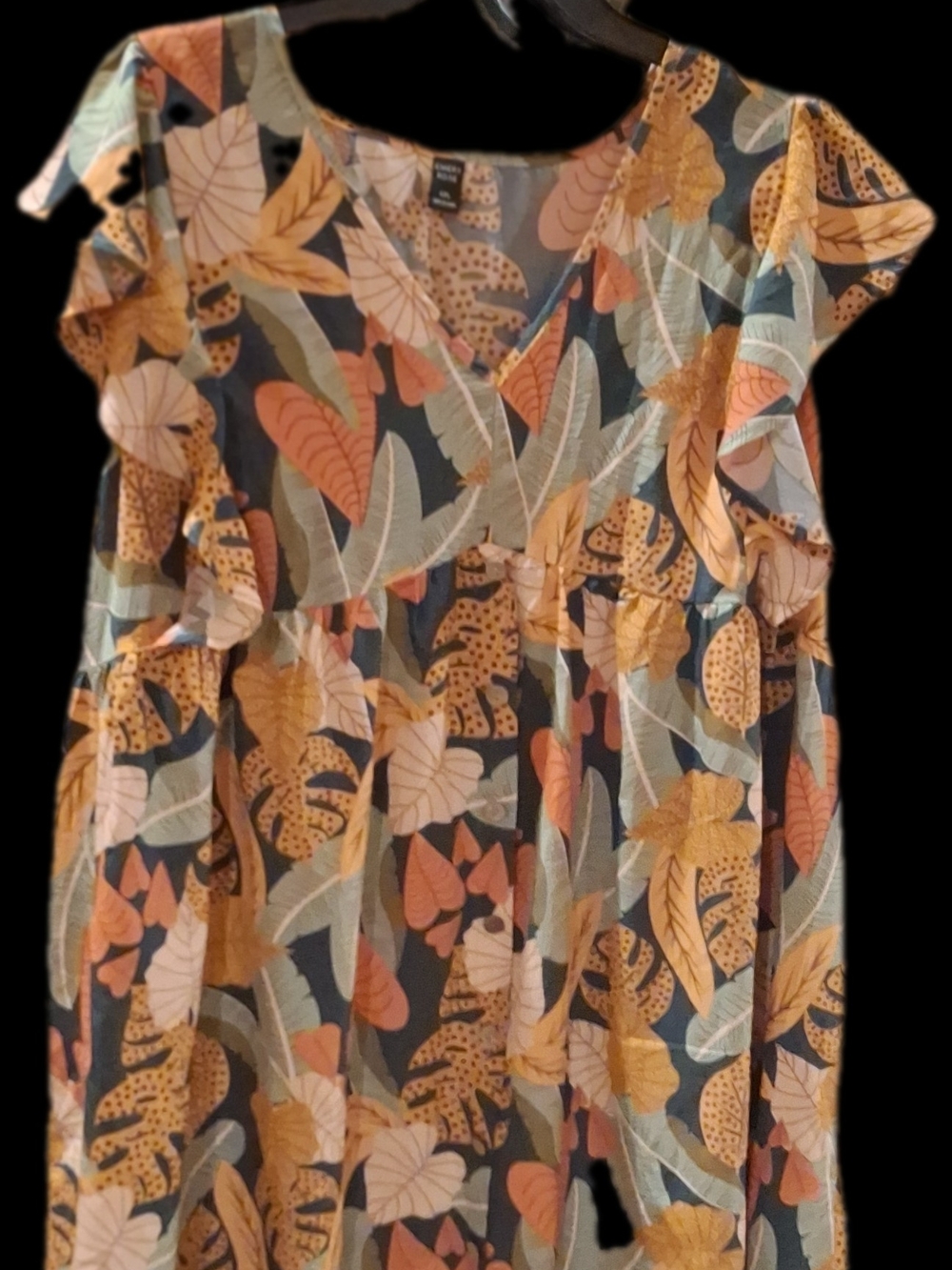 Flutter Sleeve V-Neck Dress in Teal Botanical - Picture 4 of 14